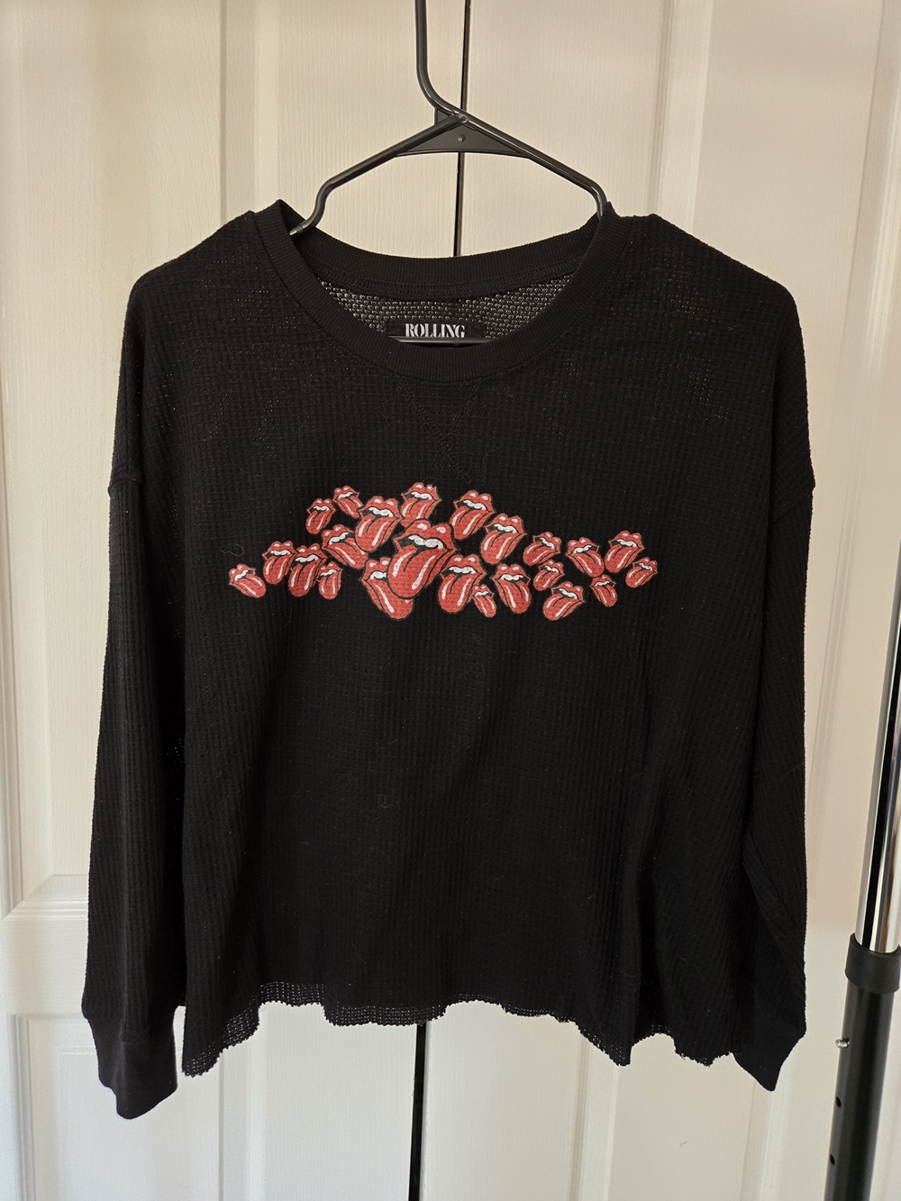Black Long Sleeve Waffle Top with Red Tongue Graphic